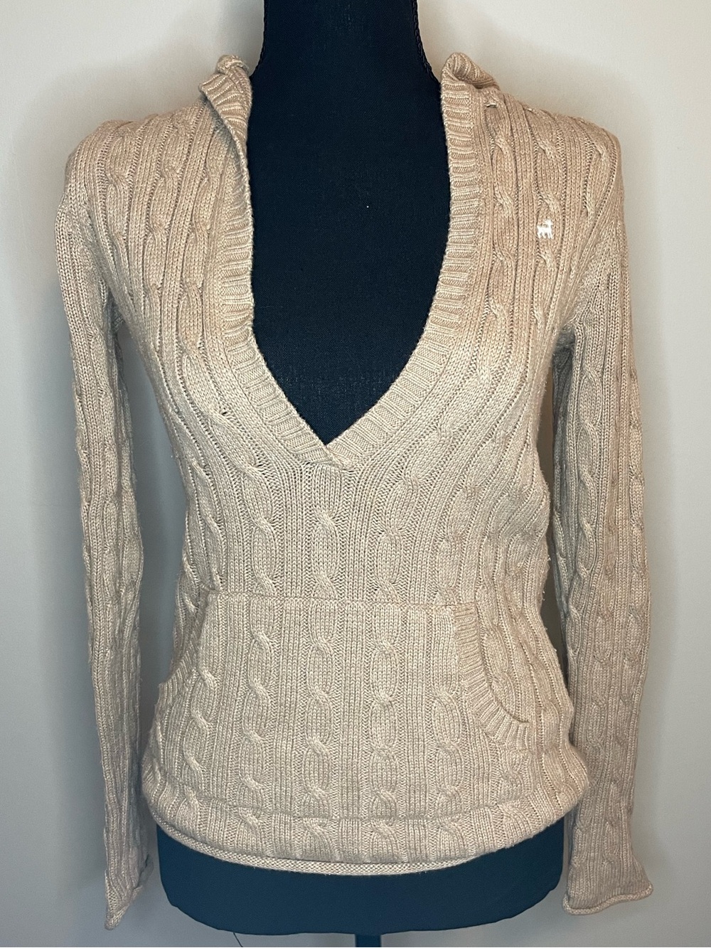 Old Navy Beige Cable-Knit V-Neck Hoodie Sweater